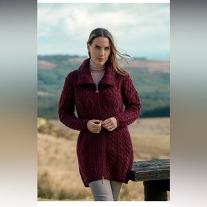 Aran Crafts Merino Wool Cardigan in Rich Burgundy